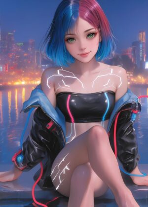 Cyberpunk Girl Night: Neon City Dreams - Premium Wooden Framed Poster. Ready to Hang.