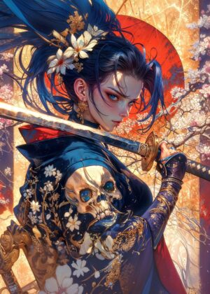 Elegant Samurai Woman Anime Art Print - Premium Wooden Framed Poster. Ready to Hang.