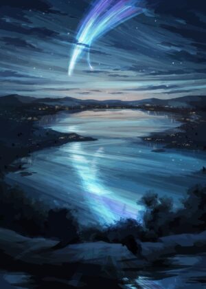 Night Sky Over Japanese Lake - Premium Wooden Framed Poster. Ready to Hang.