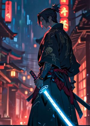 Cyberpunk Samurai: Neon Nights - Premium Wooden Framed Poster. Ready to Hang.