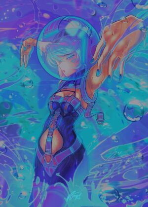 Cyberpunk Mermaid Splash Art Print - Premium Wooden Framed Poster. Ready to Hang.