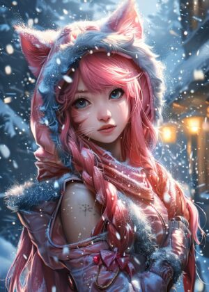 Cute Snowy Anime Girl Art Print - Premium Wooden Framed Poster. Ready to Hang.