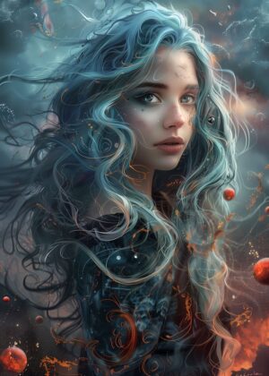 Ethereal Beauty: Anime Girl with Cosmic Hair - Premium Wooden Framed Poster. Ready to Hang.