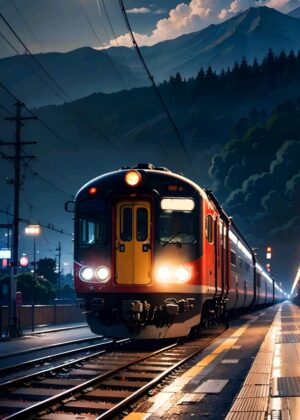 Night Train Journey: Anime-Style Artwork Print - Premium Wooden Framed Poster. Ready to Hang.