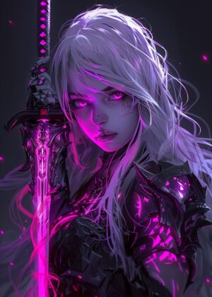 Neon Demon Girl: Digital Art Print - Premium Wooden Framed Poster. Ready to Hang.
