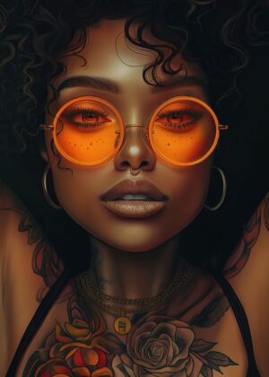 Tattooed Woman with Orange Glasses: Digital Art Print - Premium Wooden Framed Poster. Ready to Hang.