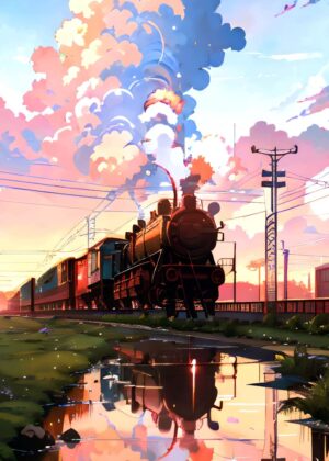Sunset Steam Train: Whimsical Anime-Style Artwork - Premium Wooden Framed Poster. Ready to Hang.