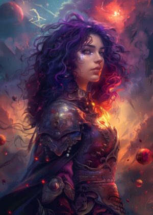 Cosmic Warrior Woman: Anime Purple Hair Art Print - Premium Wooden Framed Poster. Ready to Hang.