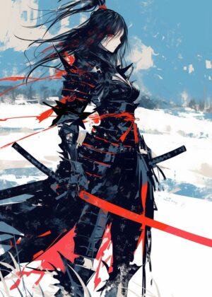 Fierce Female Samurai Warrior: Digital Painting - Premium Wooden Framed Poster. Ready to Hang.