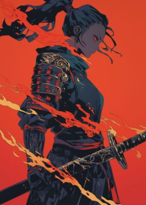 Fiery Samurai: Digital Art Print - Premium Wooden Framed Poster. Ready to Hang.