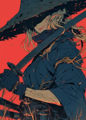 Fierce Samurai Woman: Anime Art Print - Premium Wooden Framed Poster. Ready to Hang.