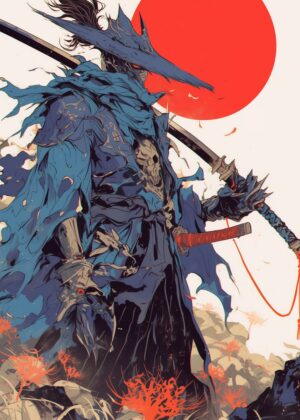 Samurai Artwork: Striking Digital Painting of a Warrior - Premium Wooden Framed Poster. Ready to Hang.