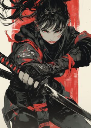 Crimson Samurai: Digital Art Print - Premium Wooden Framed Poster. Ready to Hang.