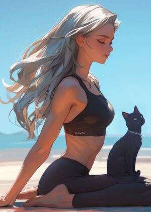 Serene Yoga by the Sea: Anime Girl Artwork - Premium Wooden Framed Poster. Ready to Hang.