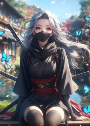 Ninja Girl Serenity: Anime Art Print - Premium Wooden Framed Poster. Ready to Hang.