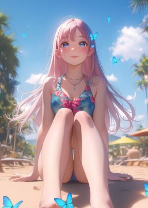 Beachside Glow: Anime Girl Artwork - Premium Wooden Framed Poster. Ready to Hang.