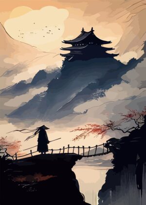Tranquil Samurai: A Japanese Mountain Vista - Premium Wooden Framed Poster. Ready to Hang.