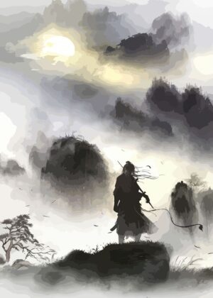 Lone Warrior in Misty Mountains: A Breathtaking Anime-Inspired Artwork - Premium Wooden Framed Poster. Ready to Hang.