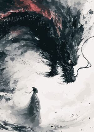Mystical Dragon and Warrior: A Breathtaking Ink Wash Painting - Premium Wooden Framed Poster. Ready to Hang.