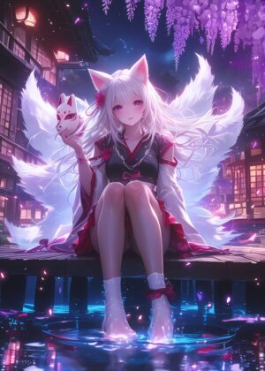 Kitsune Night: Japanese Anime Art Print - Premium Wooden Framed Poster. Ready to Hang.