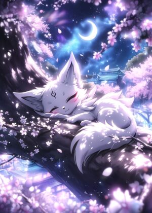 Dreamy Kitsune Anime Fox Art Print - Premium Wooden Framed Poster. Ready to Hang.