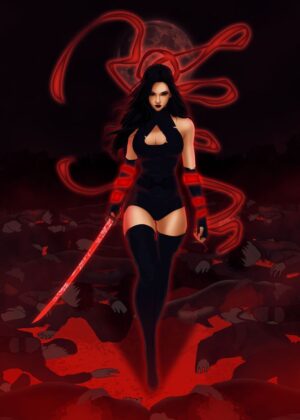 Crimson Shadow: A Manhwa-Inspired Digital Art Print - Premium Wooden Framed Poster. Ready to Hang.