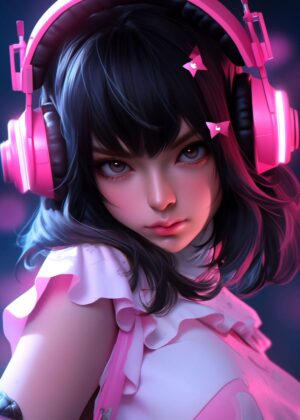 Sweet Anime Girl: Digital Art Print - Premium Wooden Framed Poster. Ready to Hang.