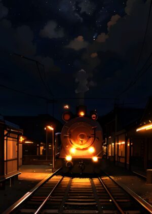 Nocturnal Train Journey: Anime-Style Digital Art Print - Premium Wooden Framed Poster. Ready to Hang.