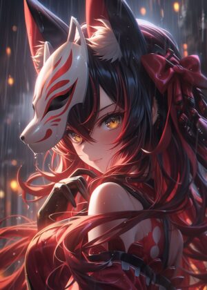 Anime Samurai Girl: Rain-Kissed Beauty - Premium Wooden Framed Poster. Ready to Hang.