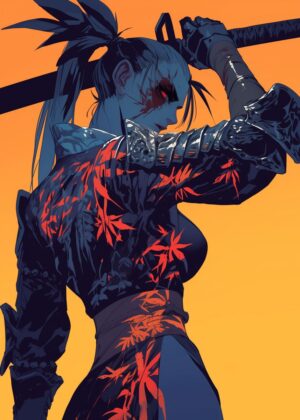 Fierce Female Samurai Warrior Art Print - Premium Wooden Framed Poster. Ready to Hang.