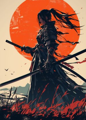 Crimson Sunset Samurai: A Powerful Artwork - Premium Wooden Framed Poster. Ready to Hang.