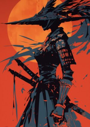 Sunset Samurai: A Fierce Warrior's Silhouette - Premium Wooden Framed Poster. Ready to Hang.