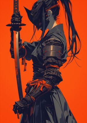 Cyberpunk Samurai: Digital Art Print - Premium Wooden Framed Poster. Ready to Hang.