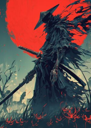 Crimson Sun Samurai: Digital Art Print - Premium Wooden Framed Poster. Ready to Hang.