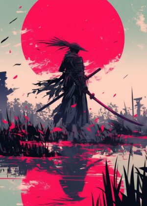 Crimson Ronin: A Samurai Silhouette - Premium Wooden Framed Poster. Ready to Hang.