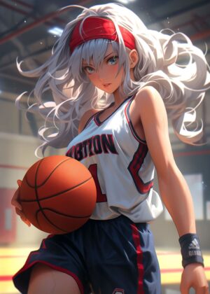 Adorable Anime Basketball Girl Artwork Print - Premium Wooden Framed Poster. Ready to Hang.