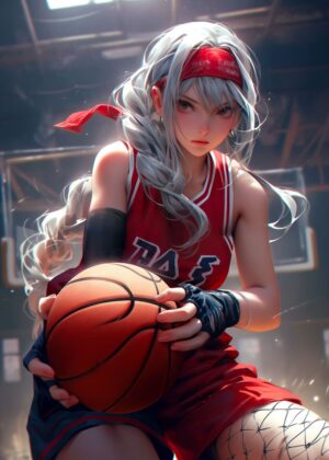 Anime Girl Basketball Player: Dynamic Digital Artwork - Premium Wooden Framed Poster. Ready to Hang.