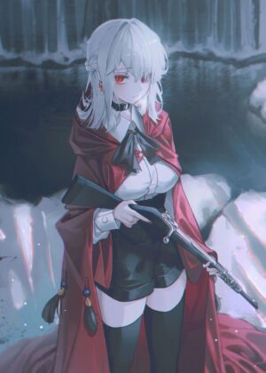 Adorable Anime Girl with Red Cloak and Rifle - Premium Wooden Framed Poster. Ready to Hang.