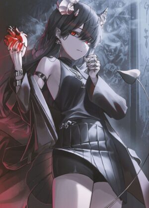Cute Anime Girl with Red Eyes and Horns - Premium Wooden Framed Poster. Ready to Hang.