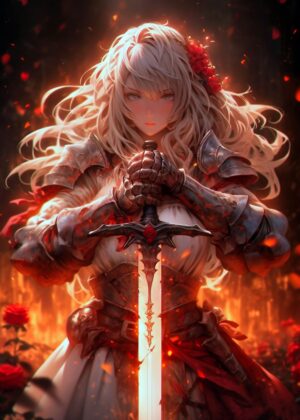 Fiery Determination: Sword Maiden Art Print - Premium Wooden Framed Poster. Ready to Hang.