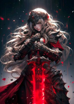 Fiery Fantasy Swordswoman: Digital Art Print - Premium Wooden Framed Poster. Ready to Hang.