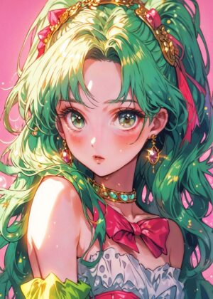 Anime Green Hair Girl Art Print - Premium Wooden Framed Poster. Ready to Hang.