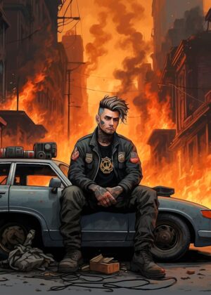 Urban Inferno: Man and Car in a City on Fire - Premium Wooden Framed Poster. Ready to Hang.