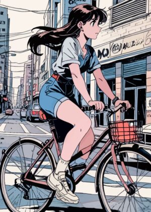Anime Girl on Bicycle in Cityscape - Premium Wooden Framed Poster. Ready to Hang.