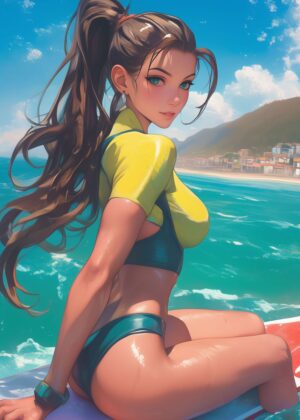 Anime Beach Girl: Sun-Kissed Beauty - Premium Wooden Framed Poster. Ready to Hang.