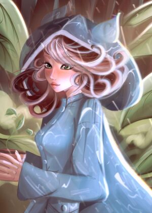 Rainy Leaf: Digital Art Print of a Girl in the Rain - Premium Wooden Framed Poster. Ready to Hang.