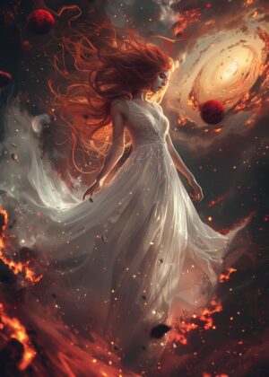 Fiery Goddess: Anime Red Hair Woman in Cosmic Embrace - Premium Wooden Framed Poster. Ready to Hang.