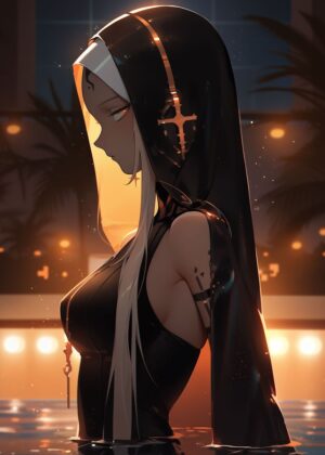 Mysterious Nun by the Poolside - Premium Wooden Framed Poster. Ready to Hang.
