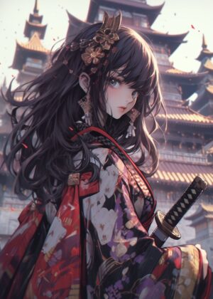Cute Maiden Samurai: Anime Art Print - Premium Wooden Framed Poster. Ready to Hang.