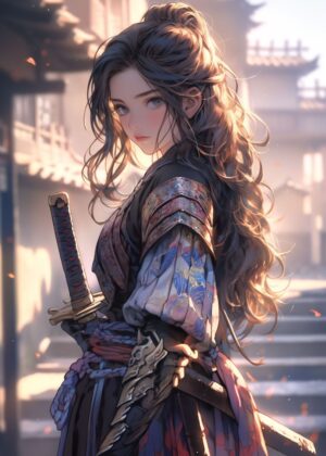 Samurai Warrior Girl: Anime Art Print - Premium Wooden Framed Poster. Ready to Hang.